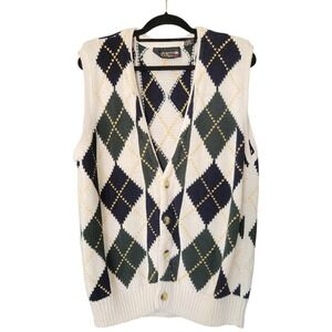 VTG Argyle Sweater Vest Men's L Preppy Academia Grandpa Ramie Cotton Button Fron
